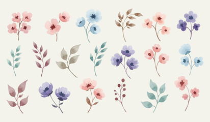 Delicate Watercolor Floral Elements and Botanical Illustrations Featuring Soft Hues of Pink, Blue, and Purple for Elegant Design Projects and Artistic Creations