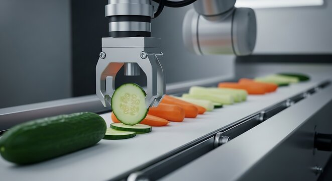 Precision Farming Automated Robotic Arm Sorting Fresh Vegetables on Conveyor Belt