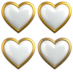 Four glossy white heart shapes with gold borders arranged on a black background