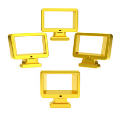 Four golden computer monitors arranged in a circular configuration on black