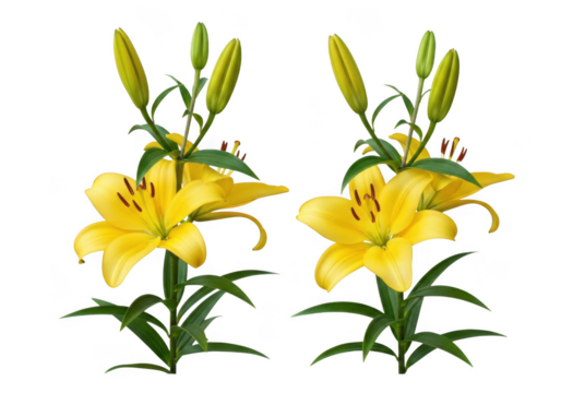 Lily flower yellow bloom green stem plant garden nature isolated on transparent background