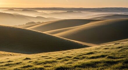 Fototapeta premium Golden Hour Landscape Rolling Hills and Misty Horizon in Serene Sunlight