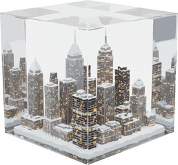Winter cityscape under glass cube, urban design art