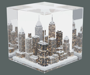 Winter cityscape under glass cube, on ash BG