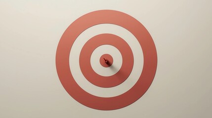 A minimalist and clean photography style of a target with concentric red circles and a sharp, clean arrow precisely aimed at the center. 
