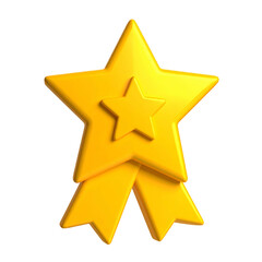 Golden award with large star, smaller star in center, and hanging ribbons, black bg