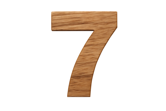Wooden number seven numeral isolated on white background, carved oak wood texture, 3D studio typography for counting, luck and natural design