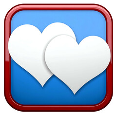Two overlapping white hearts on blue, framed in a red rounded-square with gradients