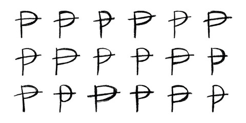 Set of hand drawn peseta currency symbol. Brush stroke doodle. Single element for design