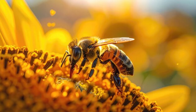 Close up Macro Shot of a Honey Bee on a Bright Yellow Sunflower in Soft Morning Sunlight with Delicate Bokeh Effect