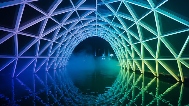 Vibrant geometric tunnel illuminated with colorful neon lights reflecting on a wet surface