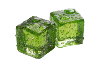 Two green cubes with water droplets on a black background