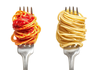 Two forks spaghetti with red sauce, and plain pasta