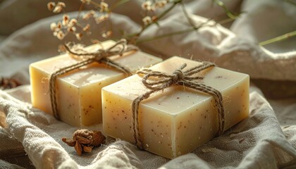 Two Rectangular Bars of Handmade Soap Wrapped with Twine Sitting on a Textured Linen Fabric with Soft Natural Light and Blurred Floral Accents