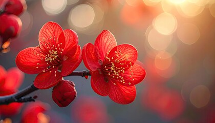Two vibrant red plum blossoms in full bloom display delicate petals and golden stamens against a warm sunrise golden bokeh background lighting creating a serene and beautiful natural scene