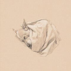 Dog resting peacefully under blanket monochrome illustration