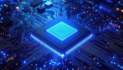 Close Up Of A Blue Glowing Microchip Processor With Intricate Circuit Board Patterns And Orange Lights In A Digital Futuristic Concept
