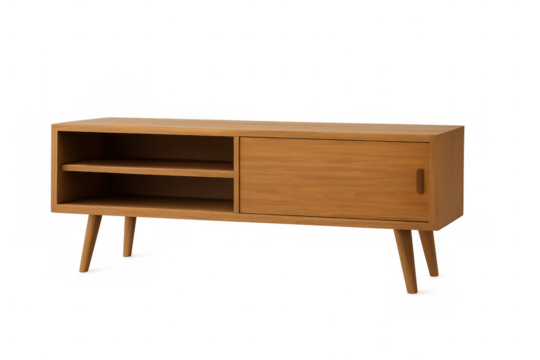 Wooden media console cabinet in modern mid-century style with shelves and sliding door. Minimalist furniture design on transparent background