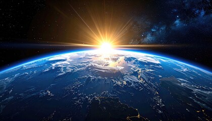 Vast Expance of Earth From Space at Sunrise With Bright Starburst and Nebula Background