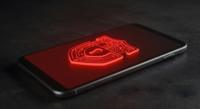 Black smartphone displays a glowing red shield with a lock icon, placed on a dark surface