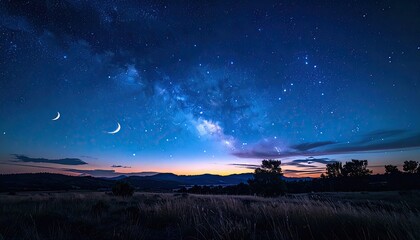 Vast Starry Night Sky Over a Silhouette Landscape with the Milky Way Galaxy Visible Above the Horizon at Dusk