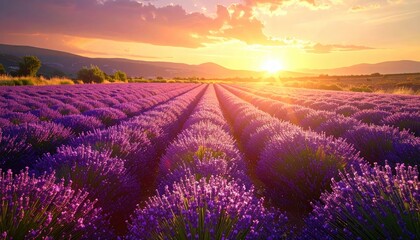 Vast Lavender Field Under Golden Sunset Sky With Rolling Hills in Background and Warm Sunlight Illuminating Purple Flowers