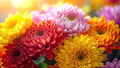 Vibrant Chrysanthemum Flower Arrangement Bathed in Warm Golden Sunlight with Soft Bokeh Background