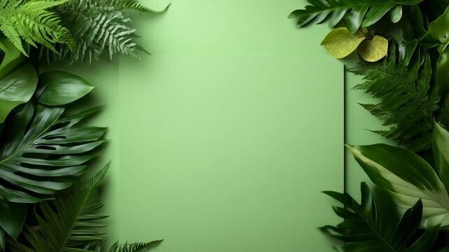 Lush green tropical leaves natural frame around plain pastel background organic foliage design element