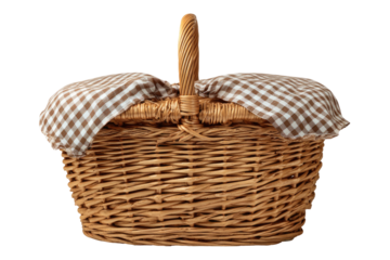 Woven picnic basket with brown gingham cloth on black