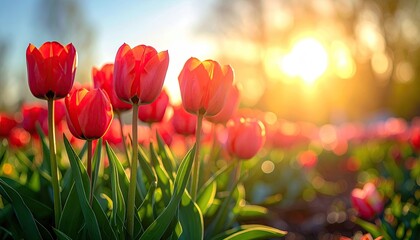 Vibrant Red Tulips Bathed in Warm Golden Hour Sunlight with Dew Drops on Petals in a Sunlit Garden Field During Sunrise