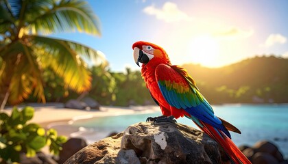 Vibrant Scarlet Macaw Parrot Perched on Rock Overlooking Tropical Beach Paradise with Palm Trees and Bright Sunlight