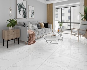 Stylish interior featuring glossy white marble flooring, neutral palette, and modern lamps, wooden wall panel and sofa side tables. 3D Rendering