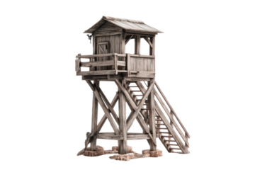 Rustic wooden guard tower on black backdrop