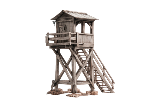 Rustic wooden guard tower on black backdrop