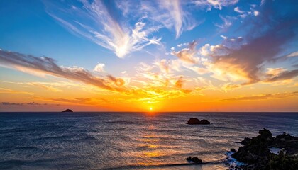Vibrant Sunset Over Calm Ocean with Wispy Clouds and Distant Ships Reflecting Golden Light on Rippling Water Surface