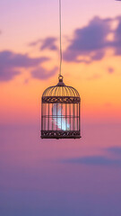 Obraz premium Ornate vintage birdcage suspended against a vibrant sunset sky with soft clouds