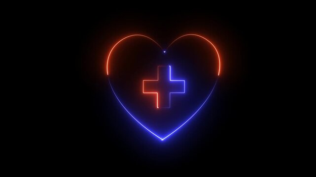 Neon Heart with Medical Cross, Glowing Medical Symbol with Heart .glowing neon love icon with blue and rad line animation on a black background.4K video animation