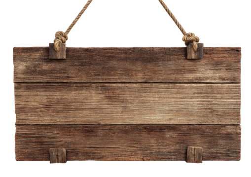 Rustic wood sign hung by rope. Aged, weathered texture