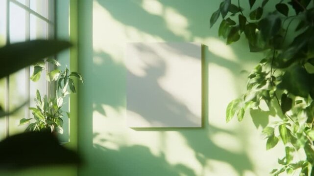 Bright green room interior with potted plants natural sunlight shadows and empty white frame display