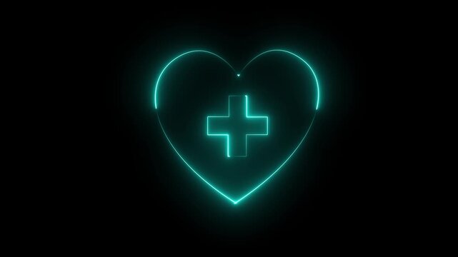 Neon Heart with Medical Cross, Glowing Medical Symbol with Heart .glowing neon love icon with blue and rad line animation on a black background.4K video animation
