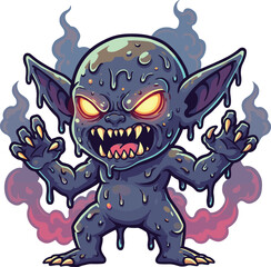 Terrifying cartoon monster with glowing eyes, sharp claws, and dripping slime in a dark fantasy horror background