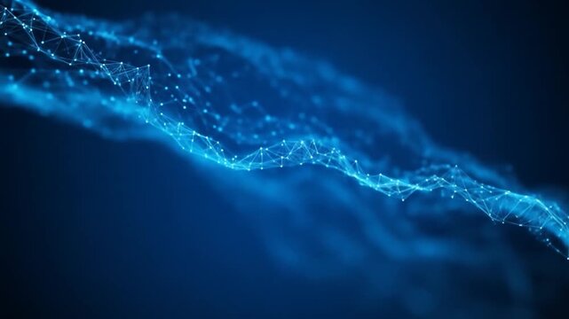 Abstract glowing blue network grid pulsating on a dark deep blue background