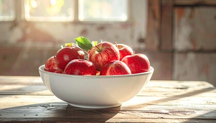 White bowl filled with vibrant red apples showing white specks resting on a rustic wooden table bathed in warm sunlight streaming through a nearby window creating a serene still life scene