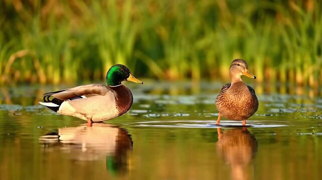 Pair of Mallard Ducks Standing in Shallow Water Reflecting Sunlight with Green Grass Background in Golden Hour Lighting Reflective Serenity Wildfowl Observation
