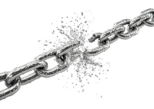 Broken metal chain with shattered fragments