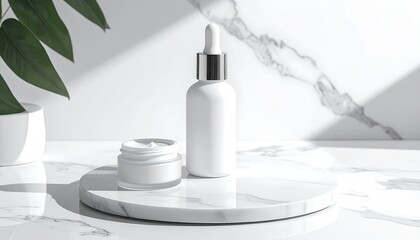 White Cosmetic Dropper Bottle And Cream Jar On A Marble Pedestal With Green Plant Shadows And Sunlight On White Background