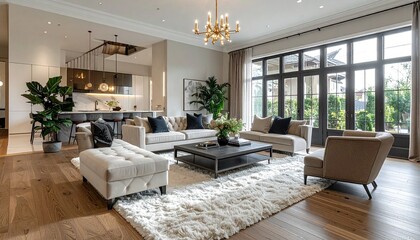 Fototapeta premium A luxurious open-concept living room and kitchen with a white sectional sofa, tufted ottoman, and floor-to-ceiling windows—evoking elegance, comfort, and the refined rhythm of contemporary design.