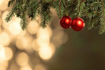 Obraz premium Shimmering red ornaments hang from lush evergreen branches, crea
