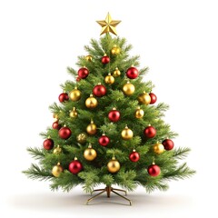 Elegant Christmas Tree with Red and Gold Ornaments on Pure White Background – 16K Studio Photo
