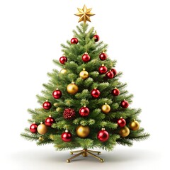 Elegant Christmas Tree with Red and Gold Ornaments on Pure White Background – 16K Studio Photo
